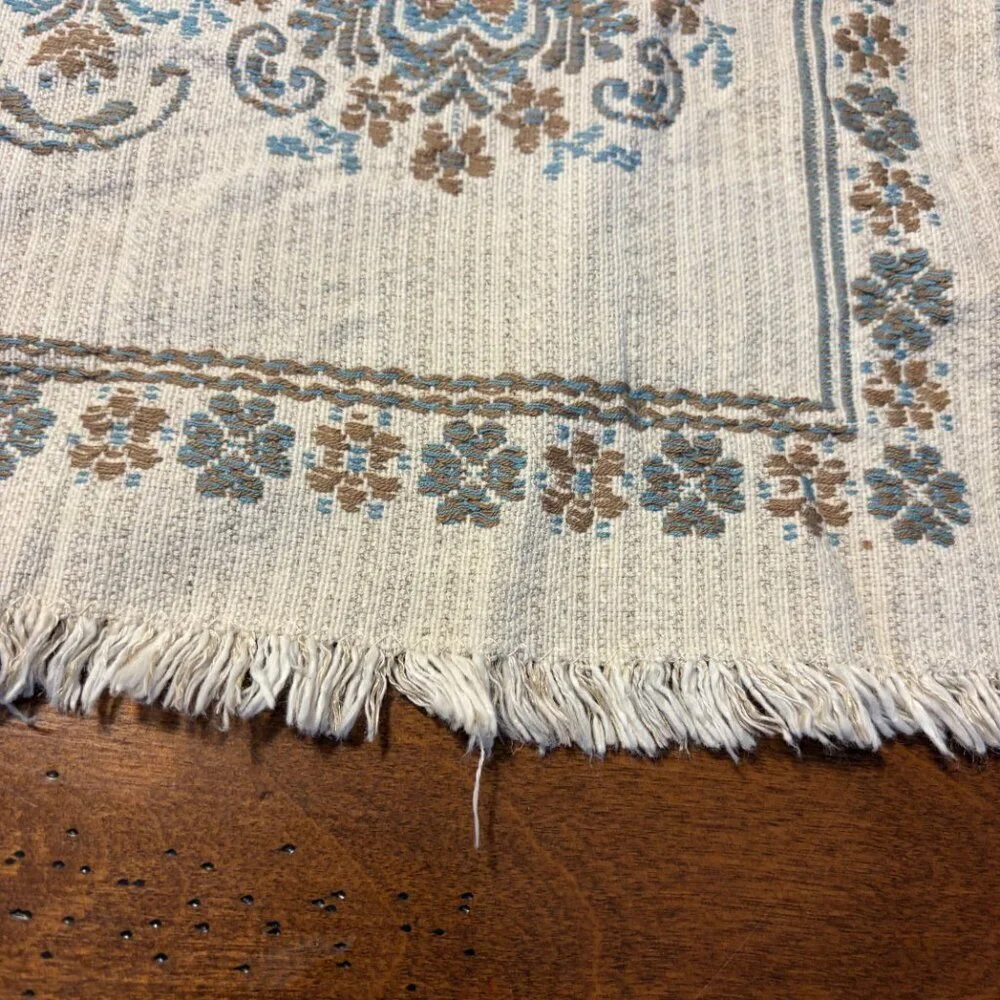 Vintage Austrian placemats cotton linen cream blue fringe set of 2 embroidered